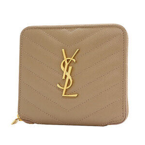 SAINT LAURENT Round Compact Wallet V Stitch Leather Beige YSL